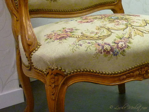 d�tail <b>Cabriolet</b> style Louis XV avec motifs plac�s, finition clous